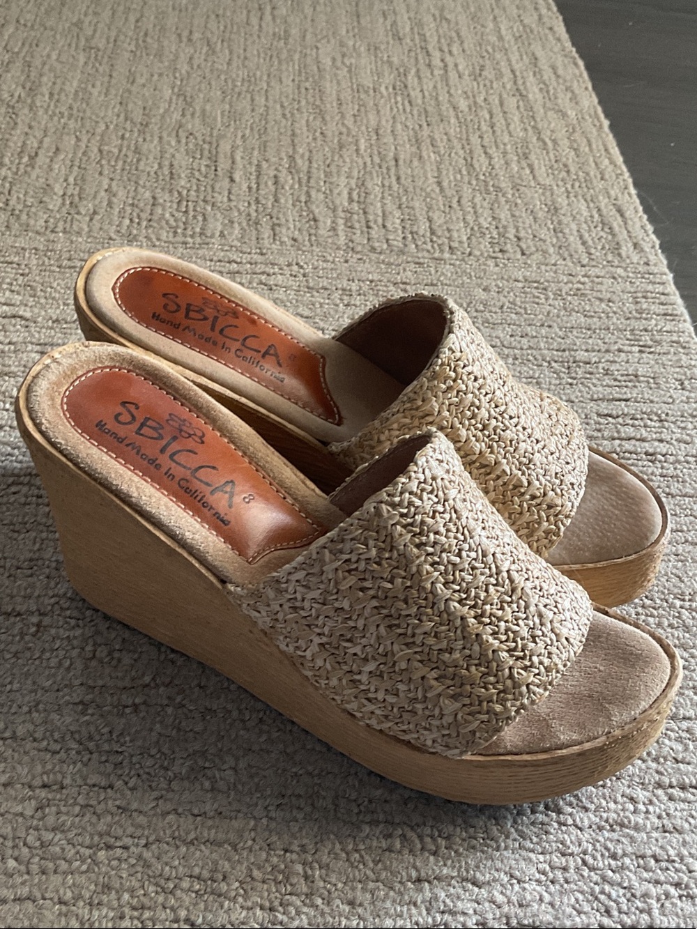 Sbicca Woven Raffia Platform Wedge Slides in Natural Beige - Picture 2 of 5
